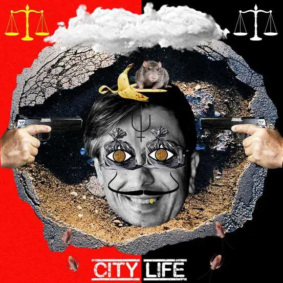 City Life, collage digitale con volto e pistole