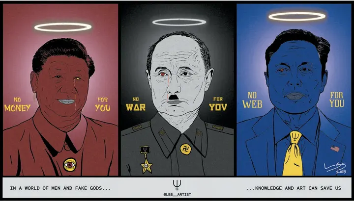 Trittico No Money, No War, No Web affisso su un muro